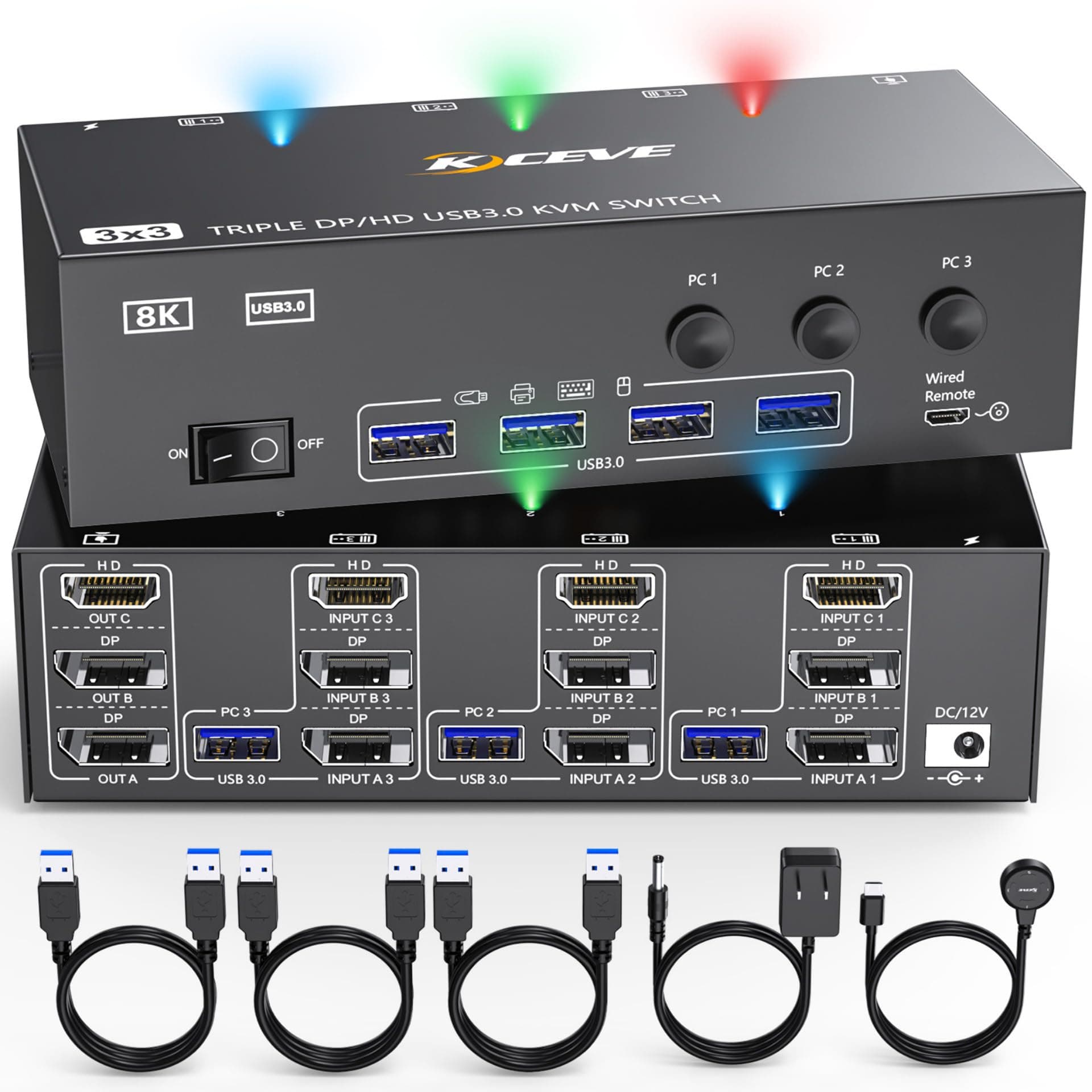KVM Switch 3 Monitore 3 PC, Displayport HDMI USB 3.0 KVM-Umschalter Dreifachanzeige, unterstützt 4K@60 Hz für 3 Computer