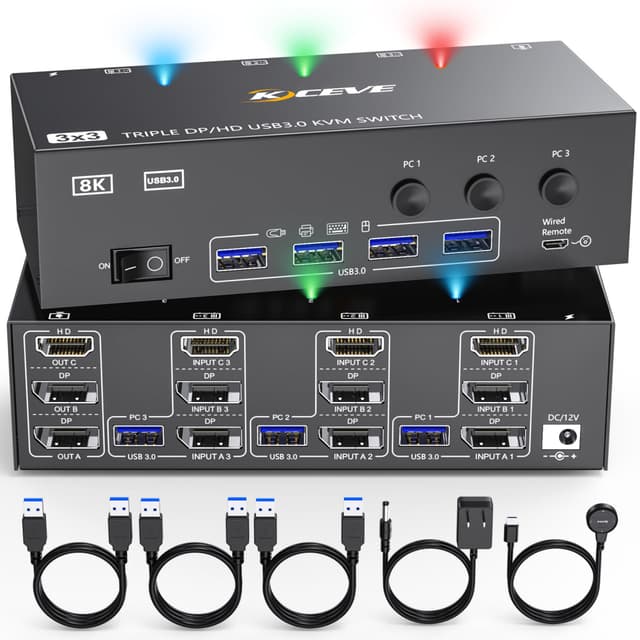 KVM Switch 3 Monitore 3 PC, Displayport HDMI USB 3.0 KVM-Umschalter Dreifachanzeige, unterstützt 4K@60 Hz für 3 Computer