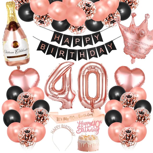 Bluelves 40. Geburtstag Dekorationen Mädchen, Rosegold Schwarz Deko zum 40 Geburtstag, 40 er geburtstag Happy Birthday Banner Girlande Konfetti luftballon,Geburtstagsdeko für mädchen Number 40