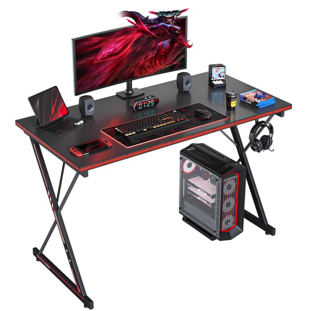 CubiCubi Gaming Tisch 100 x 50 cm, Gaming Schreibtisch, PC Tisch mit Kopfhörerhaken und Kohlefaserbeschichtung, Ergonomischer Computertisch, Metallgestell, Kohlefaser Schwarz 100 x 50 cm Schwarz