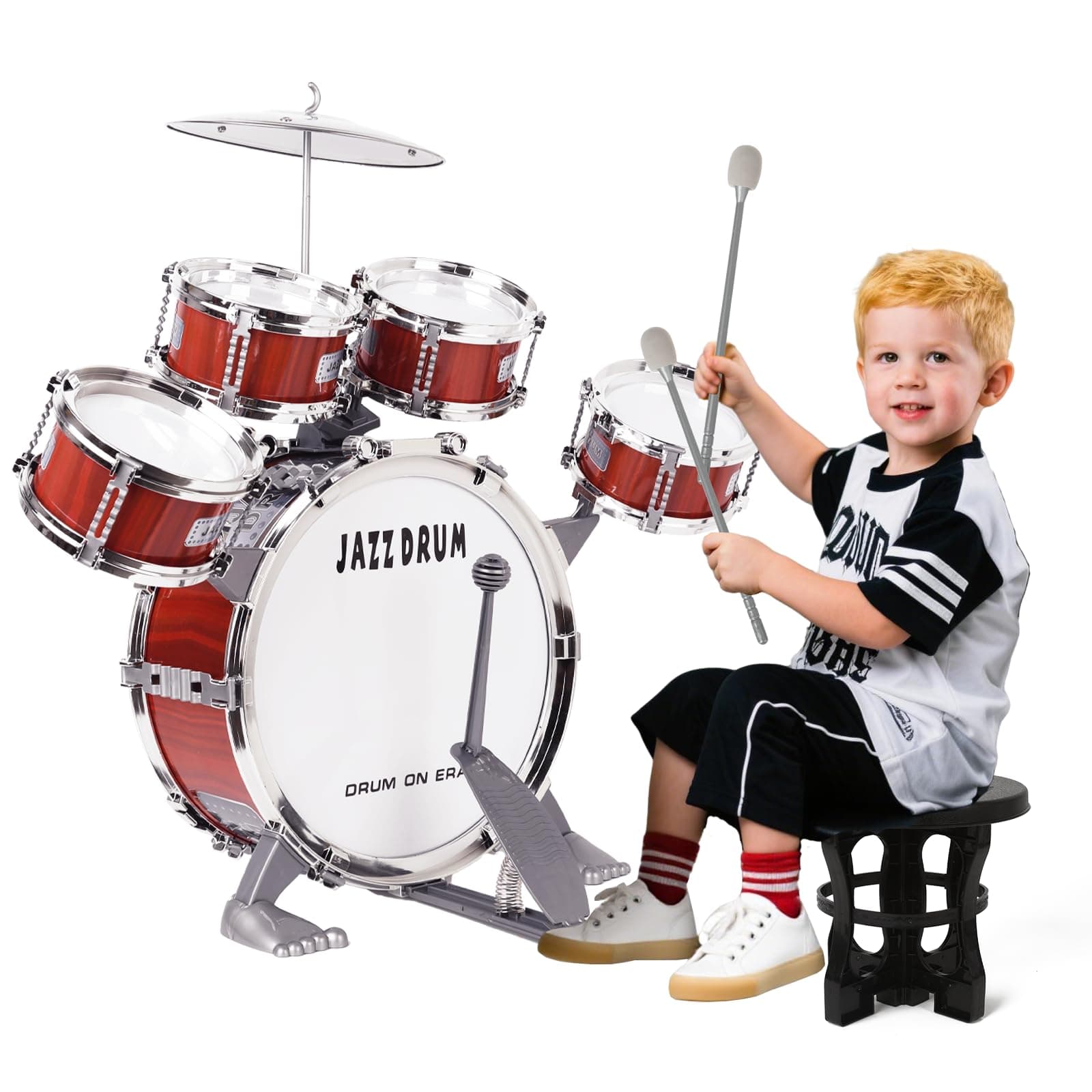 m zimoon Kinder Schlagzeug Schlagwerk Drumset, Jazztrommel Kleinkind Spielzeug 5 Trommeln mit Hocker Pedal Musikinstrument Urlaub Geburtstag Pädagogisches Geschenk für Jungen Mädchen Anfänger 8660
