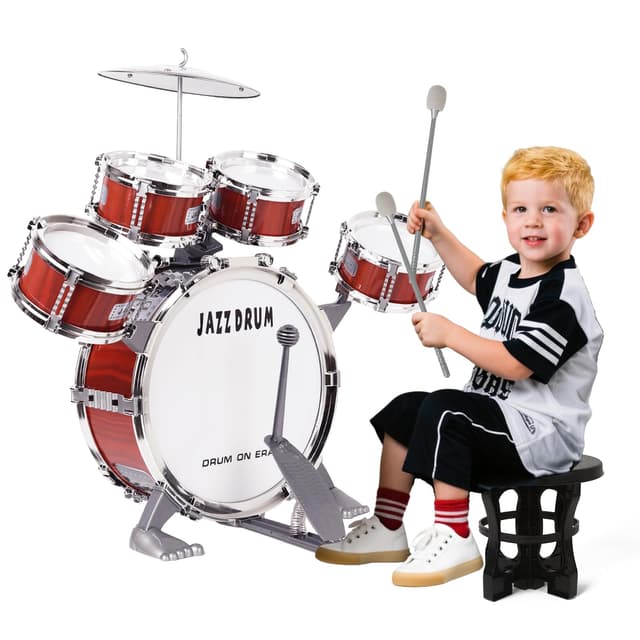 m zimoon Kinder Schlagzeug Schlagwerk Drumset, Jazztrommel Kleinkind Spielzeug 5 Trommeln mit Hocker Pedal Musikinstrument Urlaub Geburtstag Pädagogisches Geschenk für Jungen Mädchen Anfänger 8660