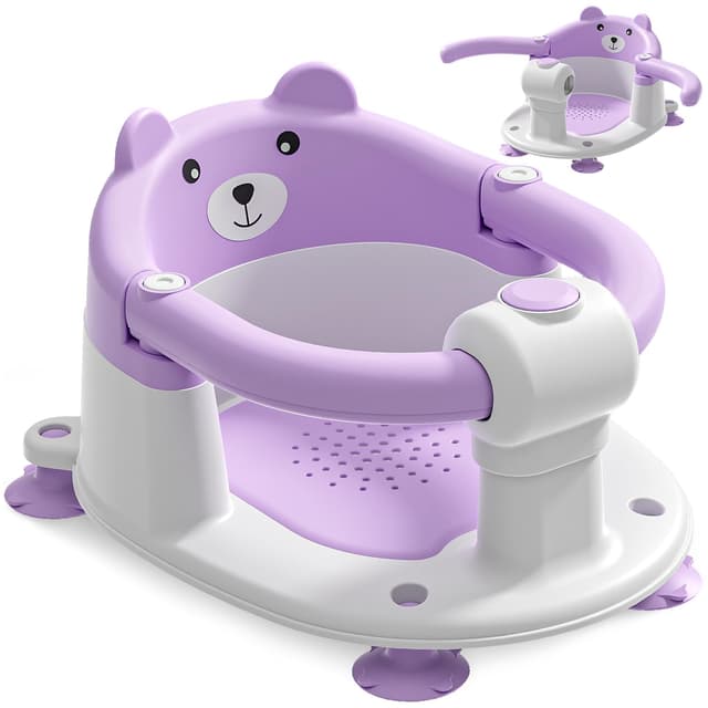 Badewannensitz Baby ab 6 Monate, Bär Rutschfester Badesitz Baby mit 4 Saugnäpfen und Kissen für Kleinkinder und Neugeborene, Sicherer Tragbarer Badstuhl für Dusche oder Badewanne, Lila Violett