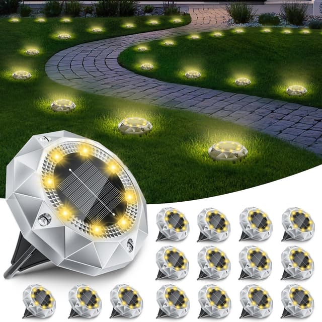 FIFlying 16 Stück Solar Bodenleuchten, 8 LED Solar Gartenleuchten für Außen Wasserdichte Solarleuchten Solarlampen für Garten Rase Patio Gehweg Outdoor Beleuchtung Gartenbeleuchtung Warmweiß 16 Stück Warmes Weiß