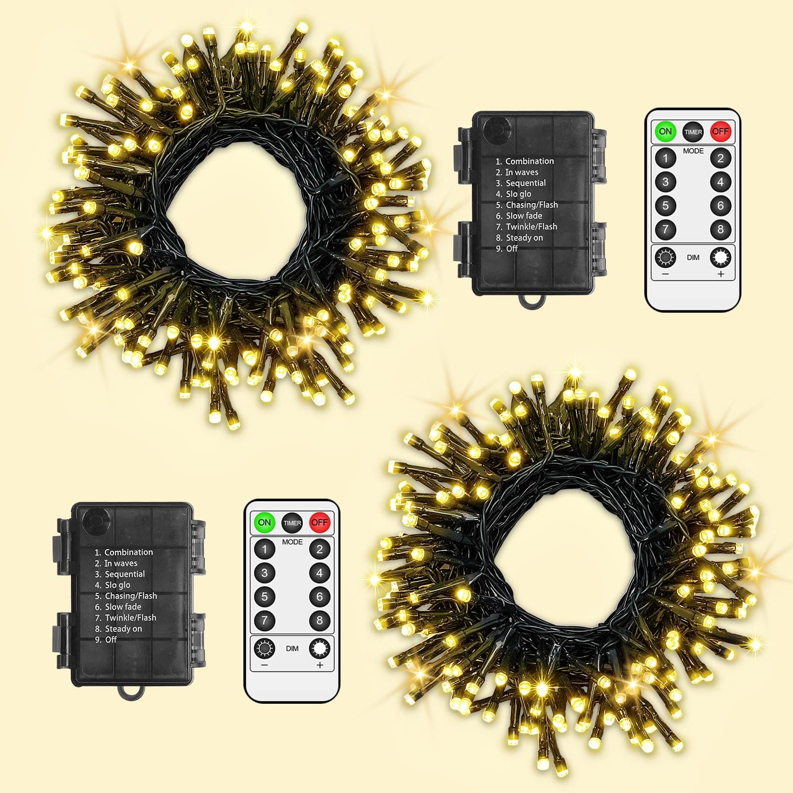 LYNNON 2x100 LED Lichterkette Außen Batterie Warmweiß Lichterkette Outdoor Wasserdicht 8 Modi mit Fernbedienung und Timer für Innen Party Hochzeit Ostern Garten Balkon Weihnachtsbaum deko Warmweiß 200 LED Batterie