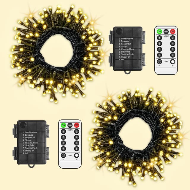 LYNNON 2x100 LED Lichterkette Außen Batterie Warmweiß Lichterkette Outdoor Wasserdicht 8 Modi mit Fernbedienung und Timer für Innen Party Hochzeit Ostern Garten Balkon Weihnachtsbaum deko Warmweiß 200 LED Batterie