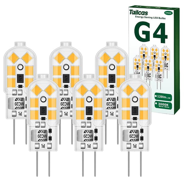 Tailcas G4 Led Birne Warmweiss, 1.2W 12V Lampen, Ersatz für 10W Halogenlampen, 120lm 3000K 360° AC/DC Leuchtmittel, Kein Flackern Nicht Dimmbar Stiftsockellampe Glühbirnen, 10er Pack 6p