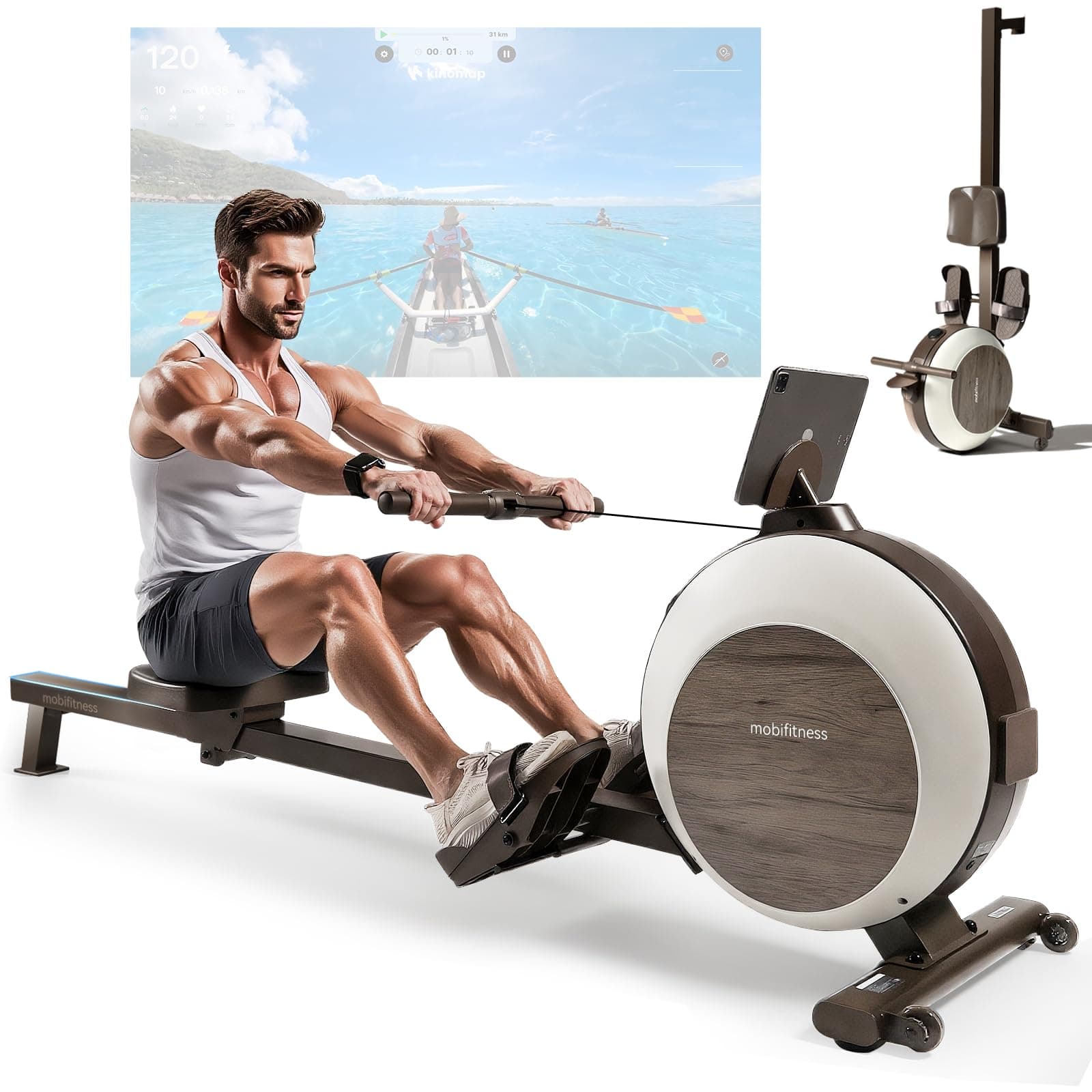 MOBI FITNESS Rudergerät für Zuhause, Magnetisches Rudergerät mit 40 Widerstandsstufen, Spitzenwiderstand 45kg, max. Belastung 160kg, Leise Rudergeräte, LED-Datenanzeige(Apple Watch & App kompatibel) Luka