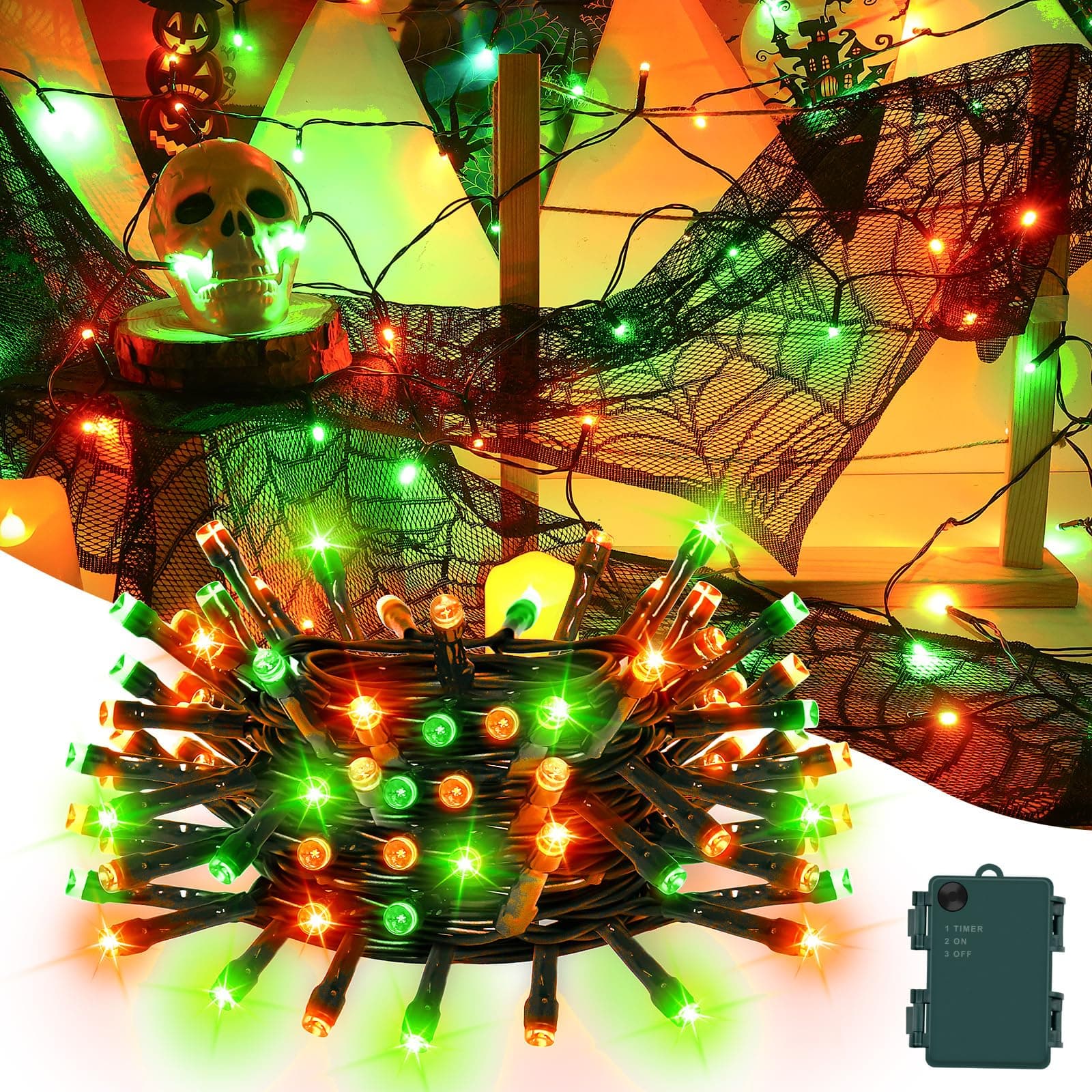 Gcstnn Halloween Deko Lichterkette, 5M 50er LED Orange Grün Innen Außen Lichterketten mit Timer, IP65 Wasserdicht Lichterkette Batterie für Halloween Party Dekoration, Herbst, Veranda, Fenster Orange & Grün 5M