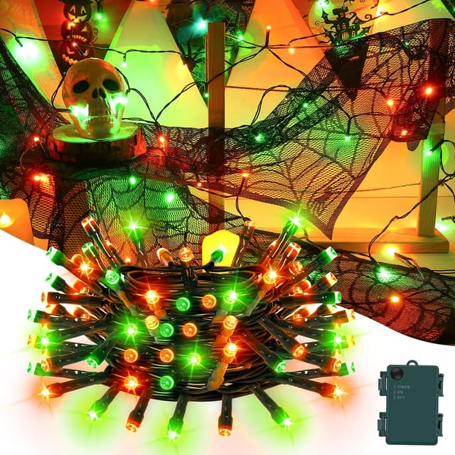 Gcstnn Halloween Deko Lichterkette, 5M 50er LED Orange Grün Innen Außen Lichterketten mit Timer, IP65 Wasserdicht Lichterkette Batterie für Halloween Party Dekoration, Herbst, Veranda, Fenster Orange & Grün 5M
