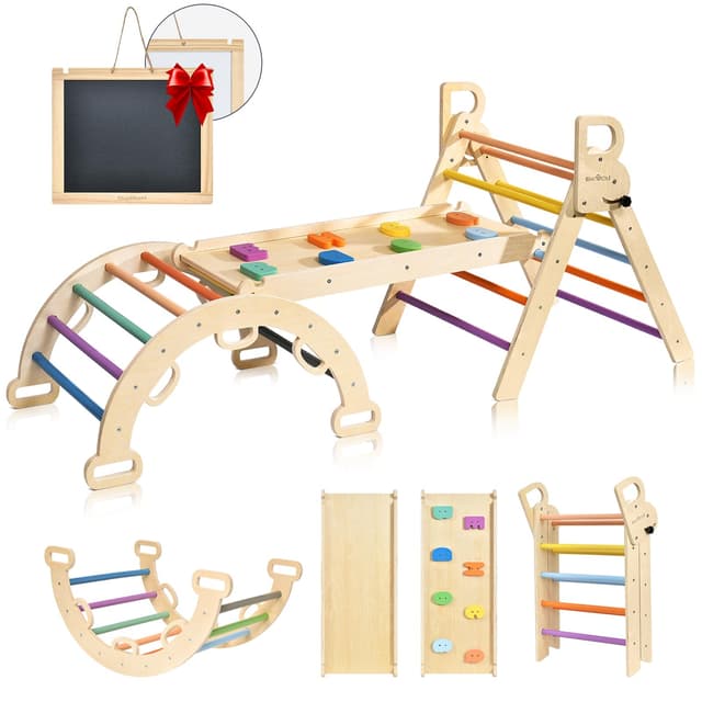 BlueWood 3-in-1 Montessori Indoor Spielset mit Bogen, Rampe und Kletterdreieck, Holz-Dreieckset für Baby-Innenspielplatz für Kinder, Spielplatz-Klettertoys für Kleinkinder – Regenbogen Rainbow