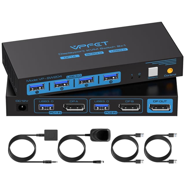 8K60Hz KVM Switch Displayport USB 3.0 KVM-Switches 4K120Hz KVM-Umschalter mit 4USB 3.0-Anschlüssen geeignet für Maus Tastatur Drucker U-Disk für 2 Computer, die sich 1 Monitor teilen 8K60Hz Displayport 2 PC 1 Monitor
