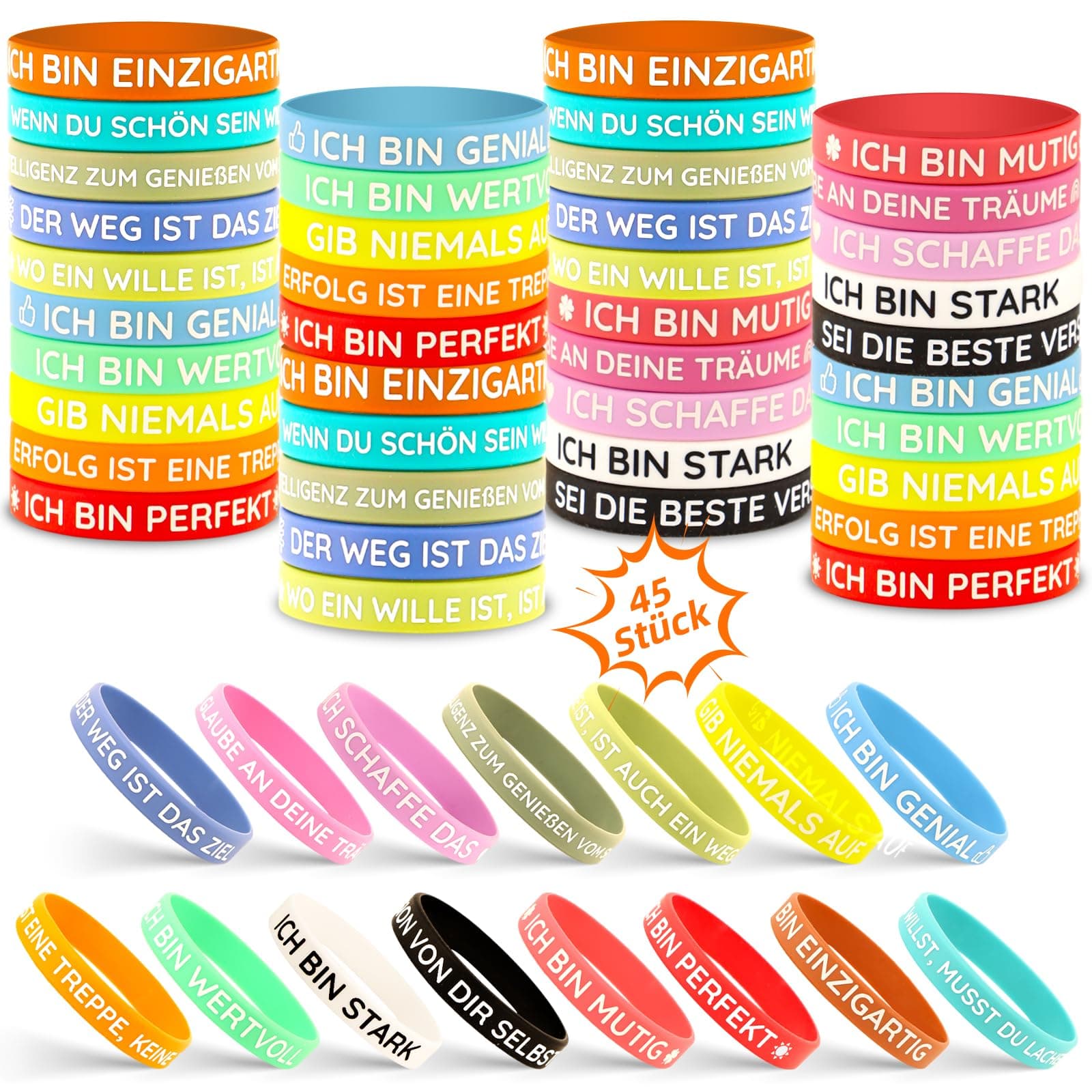 TUZELIYA 45 Stück Motivationsarmbänder Deutsch (20,5cm, 15 inspirierenden Sprüchen) - Mutmacher Mitgebsel Geschenk für Kinder, Schulkind, Kollegen, Einschulung, Geburtstag, Abschied