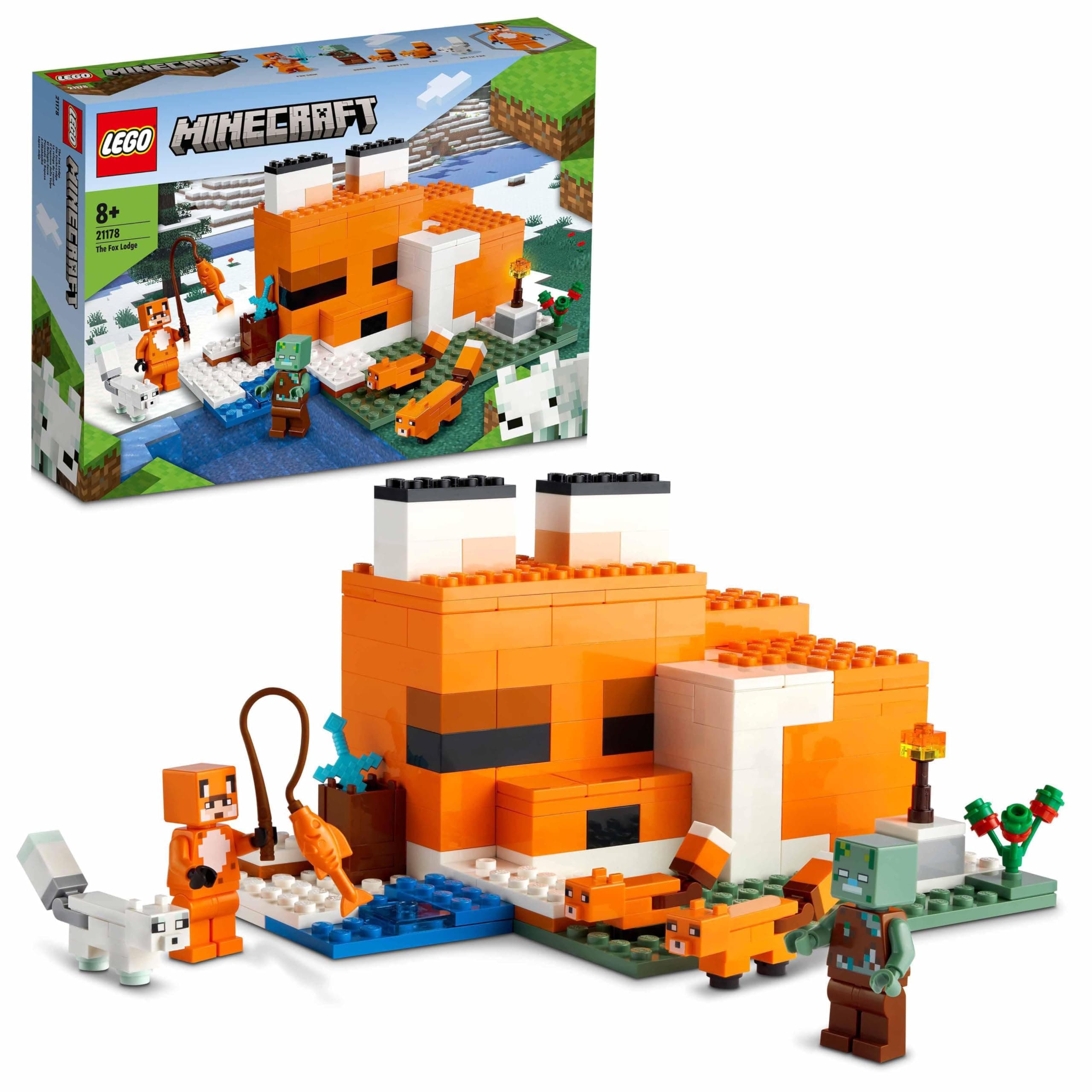 LEGO Minecraft Die Fuchs-Lodge - Spielset mit Spielzeughaus - Gamer Geschenk mit Ertrunkenem, Füchsen und einem Helden in einem Fuchs-Skin - Spielzeug für Kinder ab 8 Jahren - 21178 Single