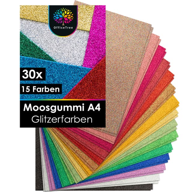 OfficeTree 30x Bögen Glitzer Moosgummi 2mm - Moosgummi Platten A4 - Moosgummi Glitzer - Schaumgummi Basteln - Schaumstoff zum Basteln - Glitzermoosgummi A4 für DIY Bastelarbeiten