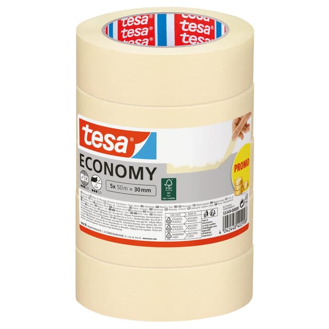 tesa Malerband ECONOMY - Vielseitiges Klebeband für Malerarbeiten ohne Lösungsmittel - Bis zu 4 Tage nach Gebrauch rückstandslos entfernbar, 5x 50 m x 30 mm 50m x 30mm 5 Rollen