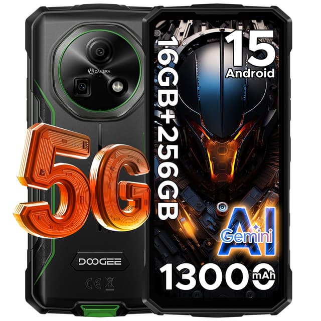 DOOGEE Fire 7 5G Android 15 Outdoor Handy Ohne Vertrag 13000mAh Dimensity 6300 256GB+16GB Outdoor Smartphone 64MP AI Kamera, 6.6" IPS Display, 3 Karten Dual 5G SIM/ IP68/ GPS/Fingerabdruck/NFC/OTG Grün(Fire 7)