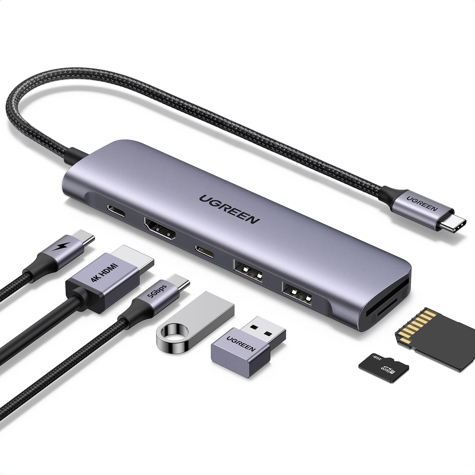UGREEN Revodok 1071 USB C Hub 5Gbps, 4K HDMI, PD100W, USB 3.0 Datenports, SD/TF Kartenleser Multiport Adapter Kompatibel mit iPhone 16 Serie, MacBook, iPad, Surface Laptop, Galaxy S24, Steam Deck usw.
