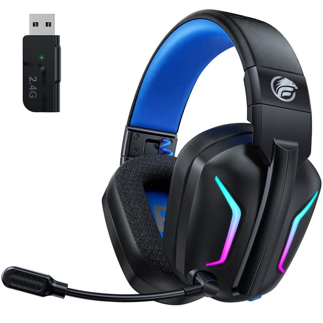 Fachixy FC-300 Gaming Headset mit Mikrofon, 2,4G Wireless Headset für PS5, PS4, PC, Switch, Mac, Surround Sound Faltbarer Bluetooth Gaming Kopfhörer kabellos mit LED Licht, Über 50H+ Akkulaufzeit RGB Schwarz/Blau