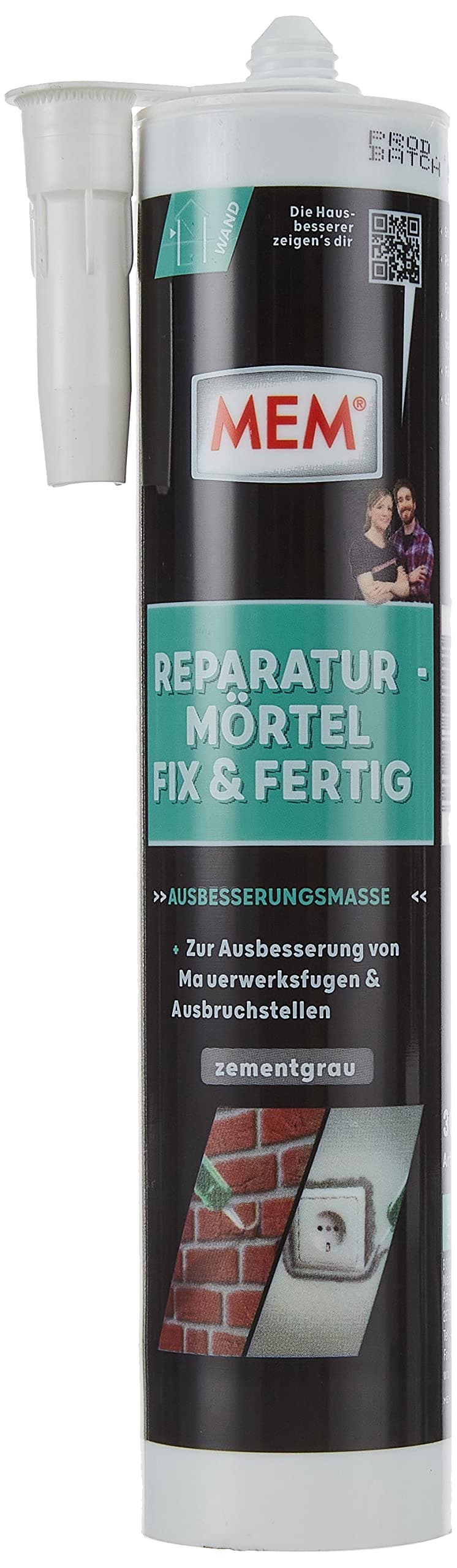 MEM Reparaturmörtel Fix & Fertig, Für Mauerwerksfugen & Ausbruchstellen, Innen & Außen, Überstreichbar, Schnell härtend, Zementgrau, 300 ml Kartusche 300 ml Single