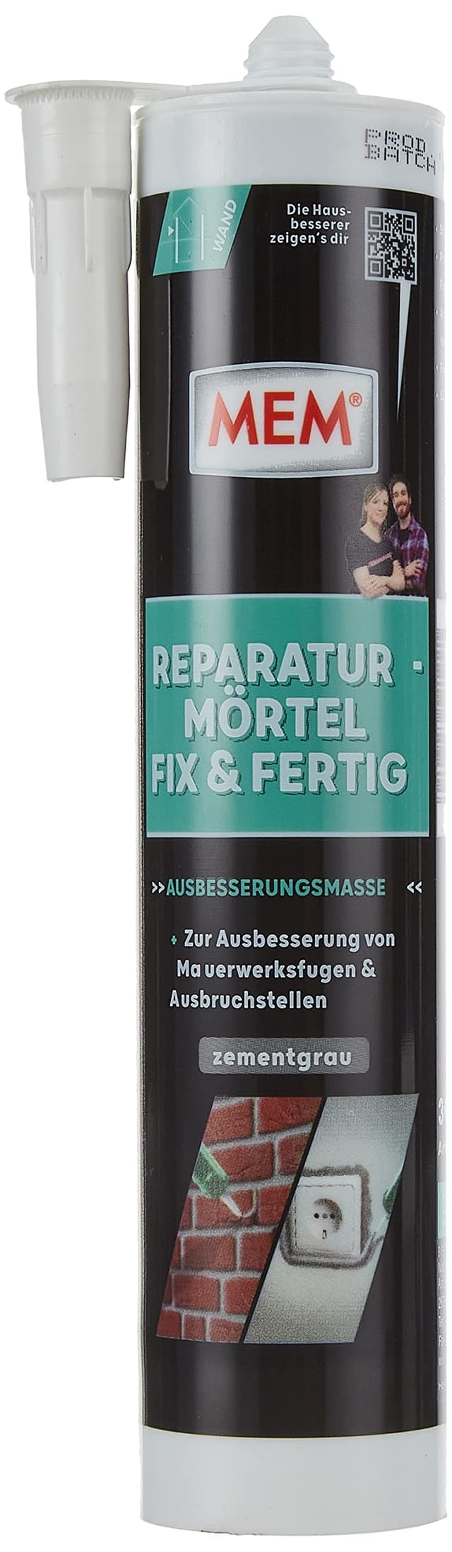 MEM Reparaturmörtel Fix & Fertig, Für Mauerwerksfugen & Ausbruchstellen, Innen & Außen, Überstreichbar, Schnell härtend, Zementgrau, 300 ml Kartusche 300 ml Single