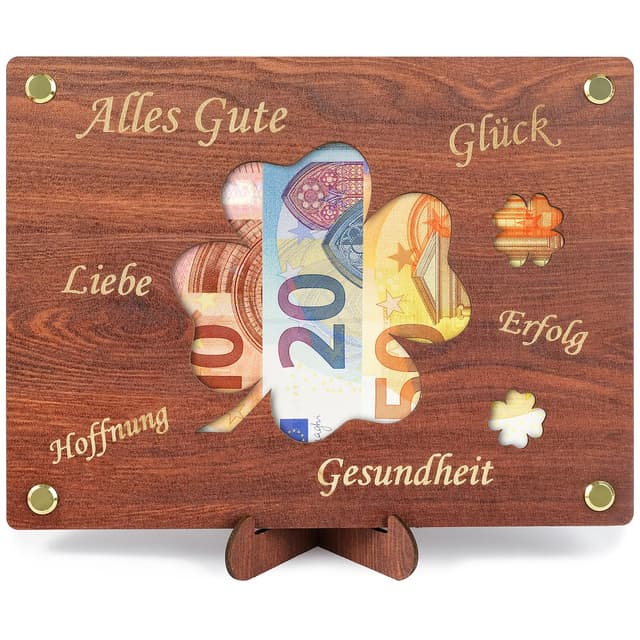 ARTREE Geldgeschenke Geburtstag, Personalisiertes Kleeblatt Geburtstagskarte aus Holz Jubiläum Hochzeitsgeschenke Geld Geschenkideen, Holz Geburtstagskarte mit Ständer für Frauen Männer Vierblättriges Kleeblatt