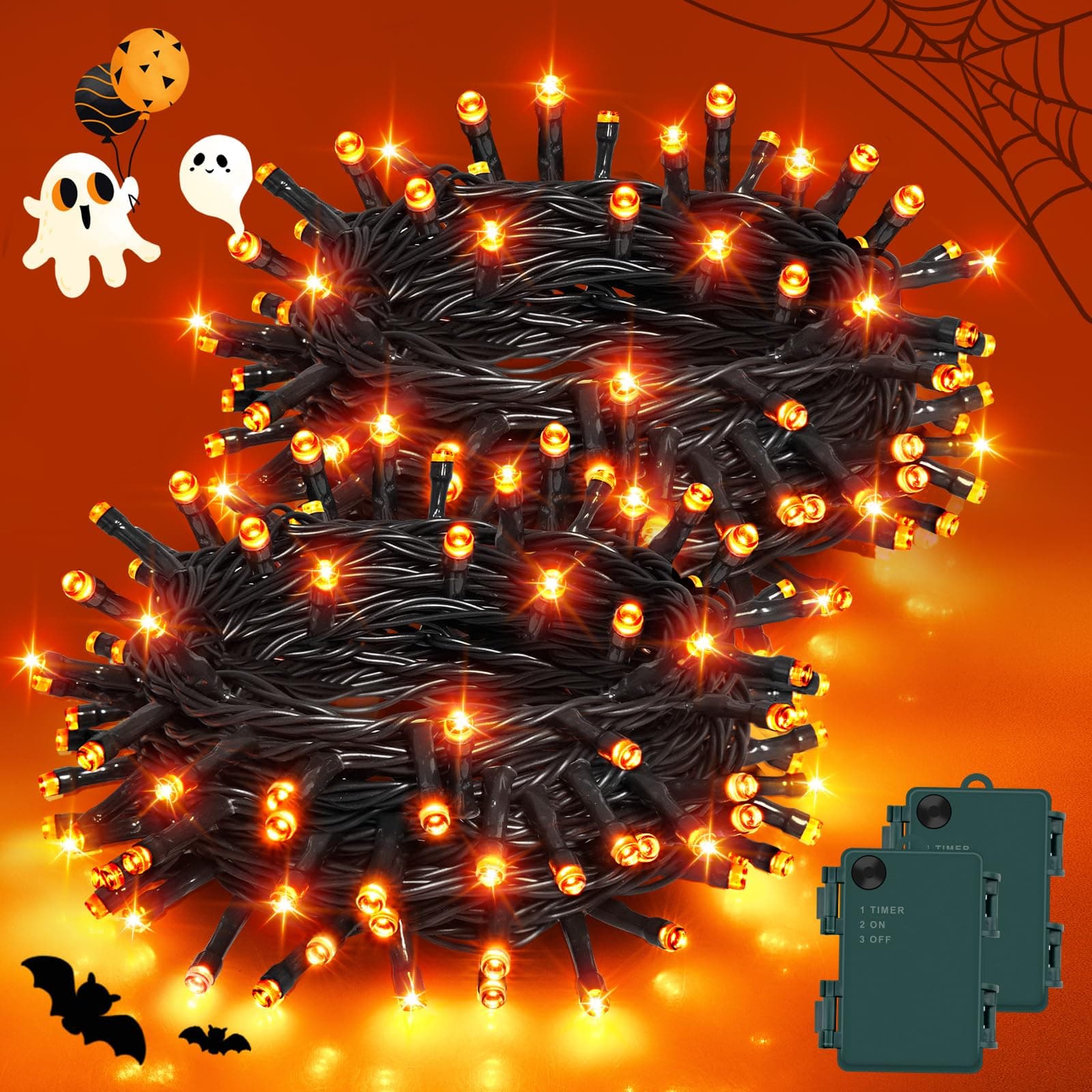 Gcstnn Halloween Deko Outdoor Lichterkette, 2 Stück Gesamt 10M 100er LED Orange Lichterketten Batterie mit Timer Wasserdicht Lichterkette für Halloween Party Dekoration, Herbst, Veranda, Innen Außen Orange 2PCS