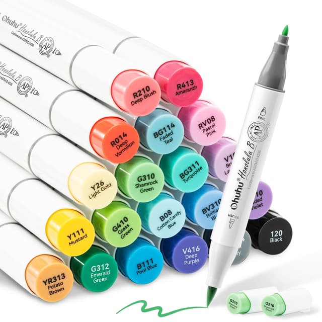 Ohuhu Marker Stifte Set, 24 Farbige Manga Marker Doppelspitze (Pinsel & feine Spitze) Marker Stifte für Künstler-Kunstmarker für die Kolorierung Illustration von Erwachsenen 24 Farben