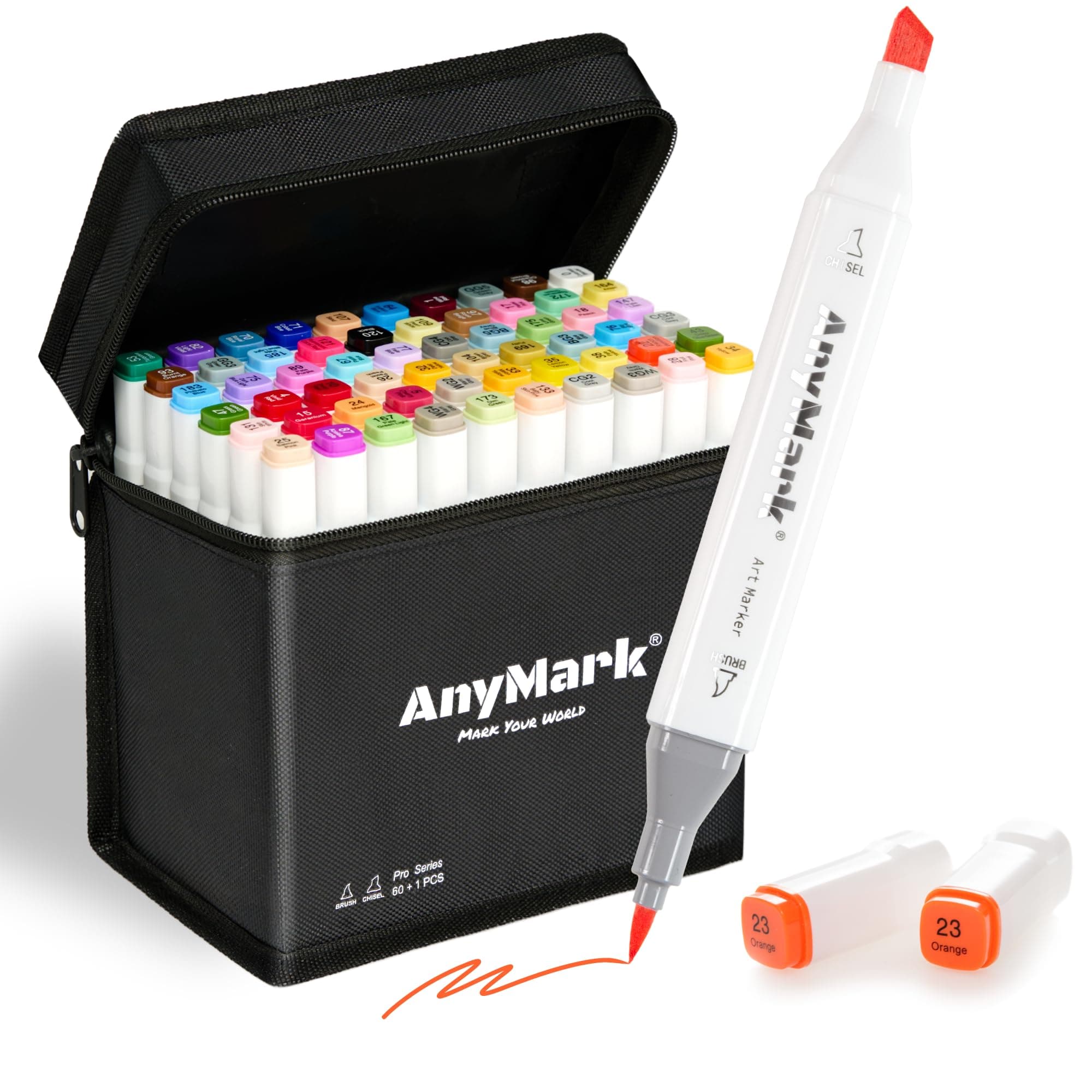 AnyMark Alkohol Marker Pinselspitze, 60 + 1 Farben, Doppelspitze mit Brush und Meißel, alkoholbasierte Marker Set mit Etui für Künstler, Zeichnen, Färben