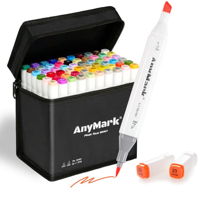 AnyMark Alkohol Marker Pinselspitze, 60 + 1 Farben, Doppelspitze mit Brush und Meißel, alkoholbasierte Marker Set mit Etui für Künstler, Zeichnen, Färben