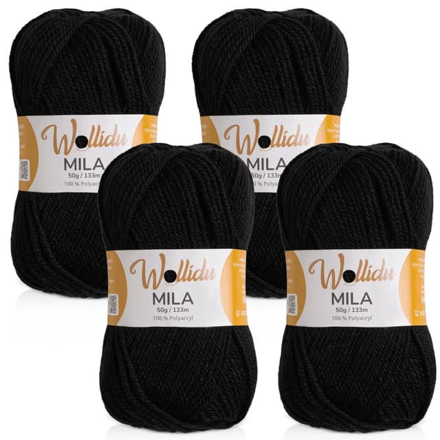 Wollidu Mila Garn zum Häkeln und Stricken 4 x 50g/133m Strickgarn 100% Polyacryl Häkelgarn Schwarz