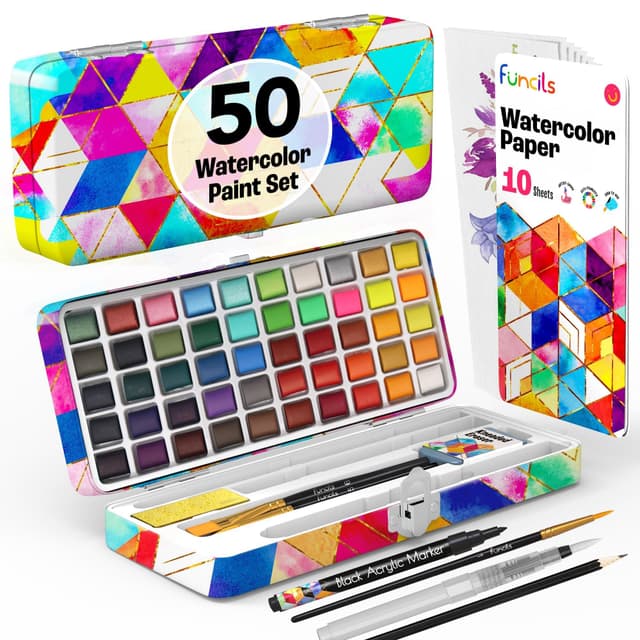 Funcils Aquarellfarben Set - Aquarell Malkasten Inklusive 50 Watercolor mit Metallic Farben und Fluoreszenzfarben, Wasserfarben Malen für Anfänger und Profi, Wasserfarbkasten Künstlerqualität 50 Travel Watercolor