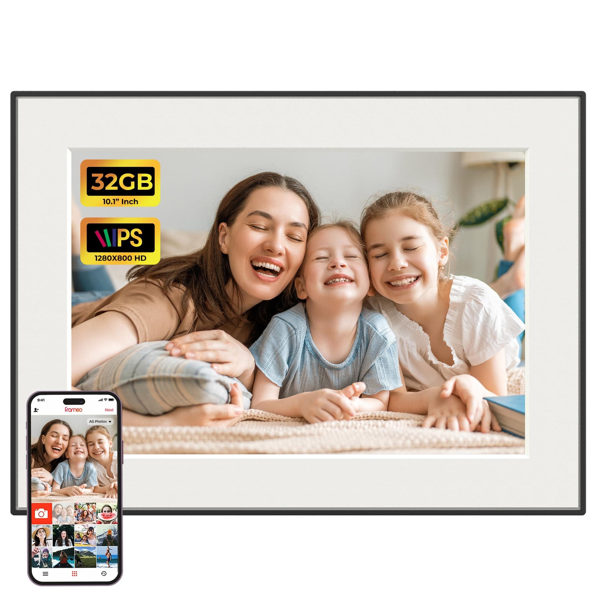 Frameo WiFi Digitaler Bilderrahmen, 10,1 Zoll 32GB Digital Photo Frame 1280x800 IPS HD Touch Screen, Automatische Drehung, sofort Fotos/Videos teilen via Frameo-App von überall. 10,1‘’ Art