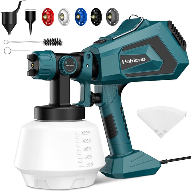 Pohicoo Farbsprühsystem, 700W HVLP Lackierpistole Elektrisch, 1200ml Verstellbarem Farbfluss Farbsprühpistole, Paint Spray Gun Mit 5 Düsen für Zäune, Schränke, Wände, Decken, Möbel