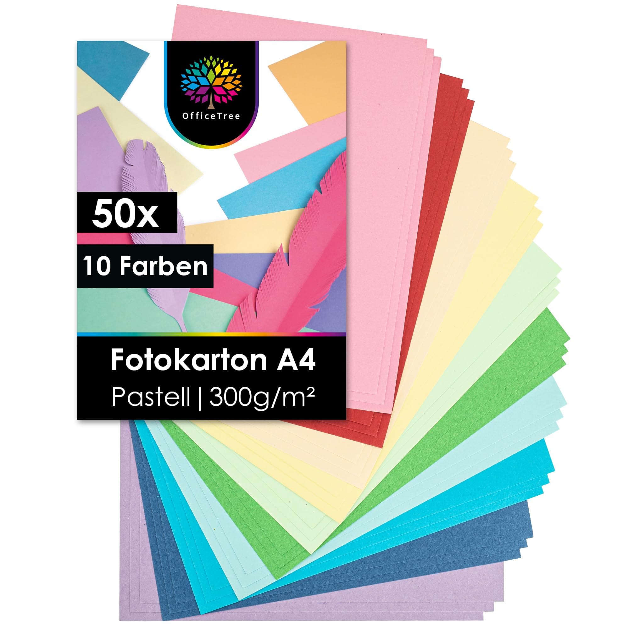 OfficeTree 50x Tonkarton Pastell A4 300g - Tonpapier Pastellfarben - 10 Farben - Tonpapier A4 - Fotokarton zum Basteln und Gestalten - Bastelpapier Pastellfarben - Pastell papier