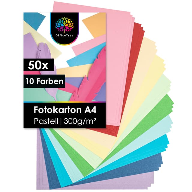 OfficeTree 50x Tonkarton Pastell A4 300g - Tonpapier Pastellfarben - 10 Farben - Tonpapier A4 - Fotokarton zum Basteln und Gestalten - Bastelpapier Pastellfarben - Pastell papier