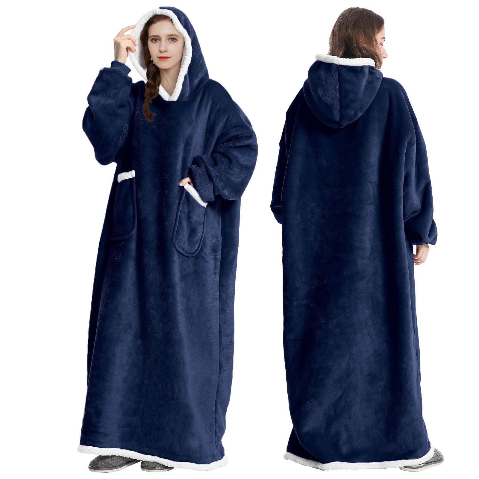 FEELJAM Decke Hoodie Decke mit Ärmeln und Kapuze Marineblaue Wolldecke mit Ärmeln tragbare Decke für Erwachsene 80 x 150 cm, Navy blau 180 lang Navy Blau