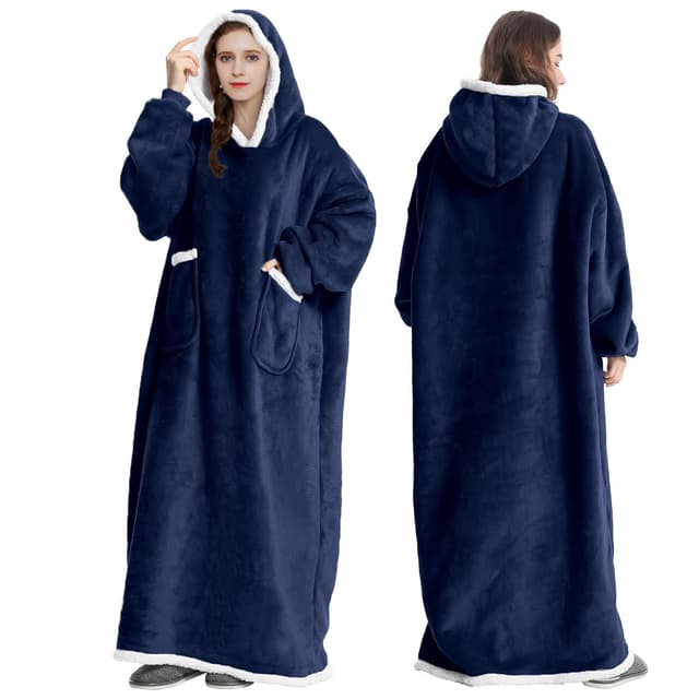 FEELJAM Decke Hoodie Decke mit Ärmeln und Kapuze Marineblaue Wolldecke mit Ärmeln tragbare Decke für Erwachsene 80 x 150 cm, Navy blau 180 lang Navy Blau