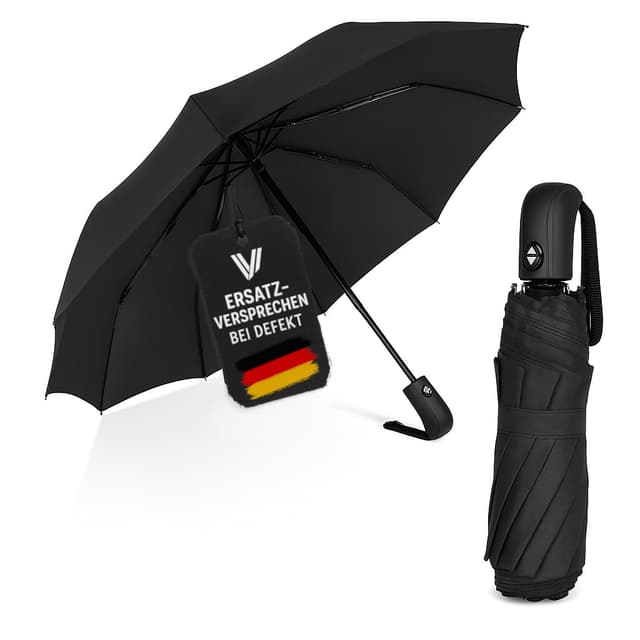 Villkin Regenschirm sturmfest mit Auf-Zu-Automatik - robuster und hochwertiger Regenschirm in schwarz für Damen und Herren - 107cm breiter Taschenregenschirm Schwarz 1x Regenschirm