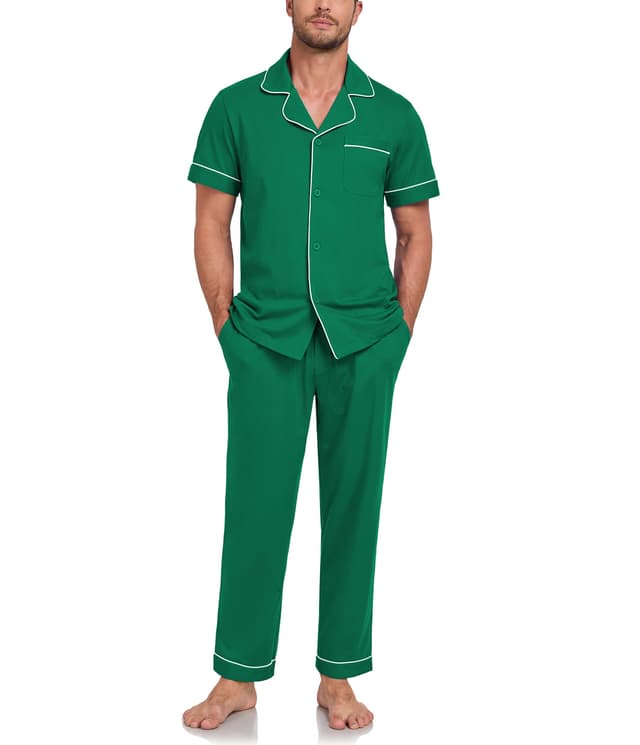 COLORFULLEAF Schlafanzug Herren 100% Baumwolle Pyjama Set mit Knöpfen Zweiteiliger V-Ausschnitt Kurzarm Shirt Lang Pyjamahose Weich Nachtwäsche Hausanzug Pjs Set mit Brusttasche