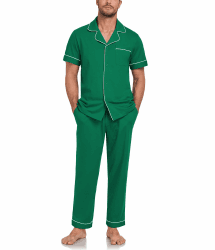 COLORFULLEAF Schlafanzug Herren 100% Baumwolle Pyjama Set mit Knöpfen Zweiteiliger V-Ausschnitt Kurzarm Shirt Lang Pyjamahose Weich Nachtwäsche Hausanzug Pjs Set mit Brusttasche Angebot bei HelloDeals