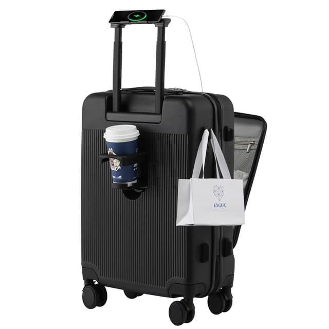 HUIDA TECH Handgepäckkoffer 20 Zoll mit Laptopfach, Leichte Koffer Hartschale und TSA-Schloss, Kabinengepäck mit Spinnrollen, USB-Ladegerät & Getränkehalter Schwarz