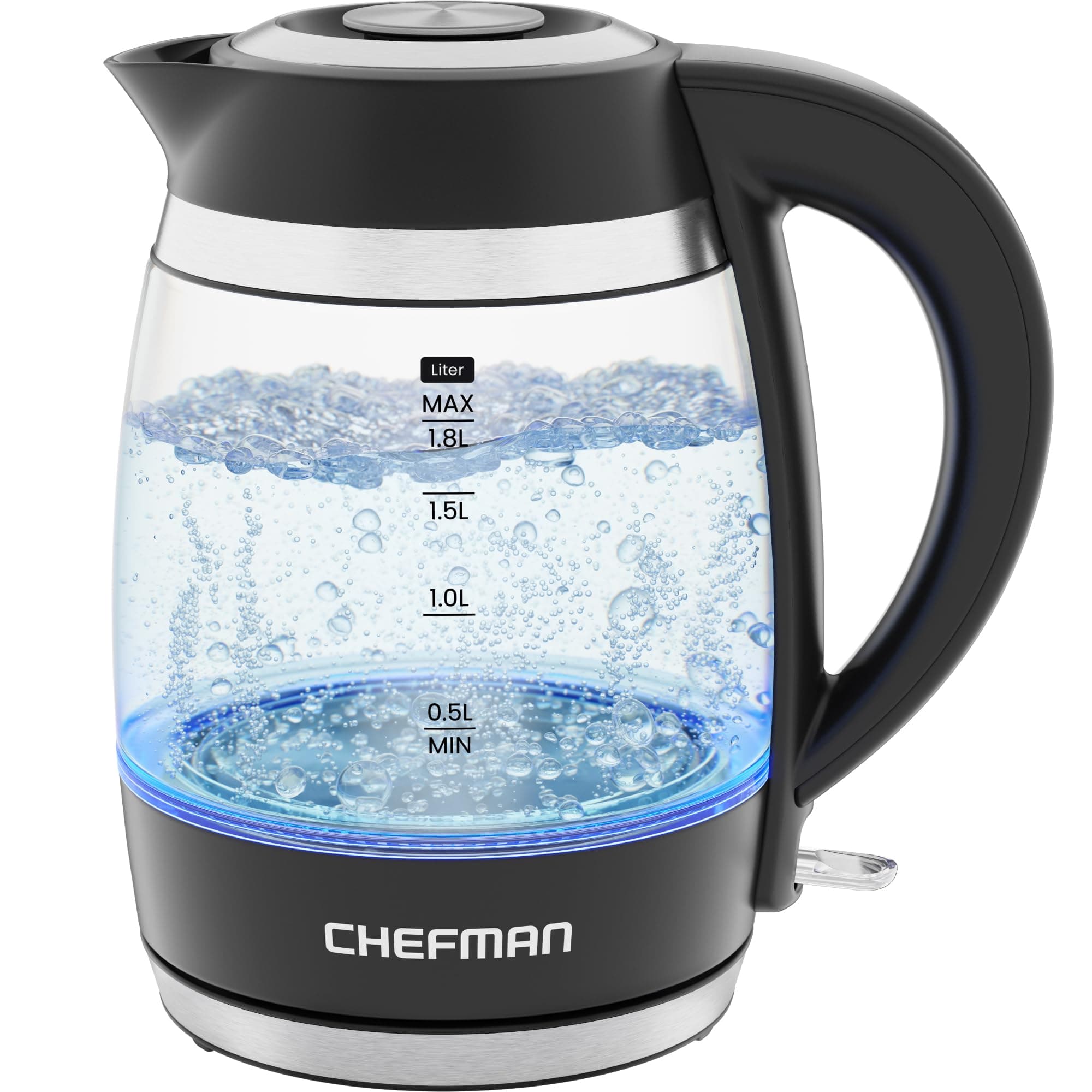 Chefman Elektrischer Wasserkocher, 1.8L 3000W, abnehmbarer Deckel, automatische Abschaltung, Trockengehschutz, Edelstahlfilter, BPA-frei, elektrische Teekanne aus Borosilikatglas 1,8L Basic