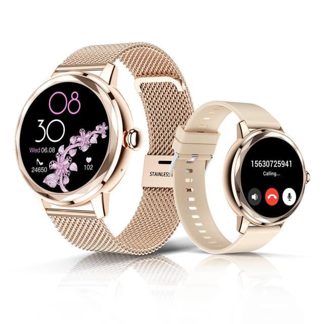 LES FLEURS Smartwatch Damen mit Bluetooth Anrufen, 1,19" Display Smart Watch, IP67 Fitness-Tracker, 123 Sportarten, Schlaf-/SpO2-Monitor, Zyklus-Tracker für Android & iOS, Roségold Rotgold