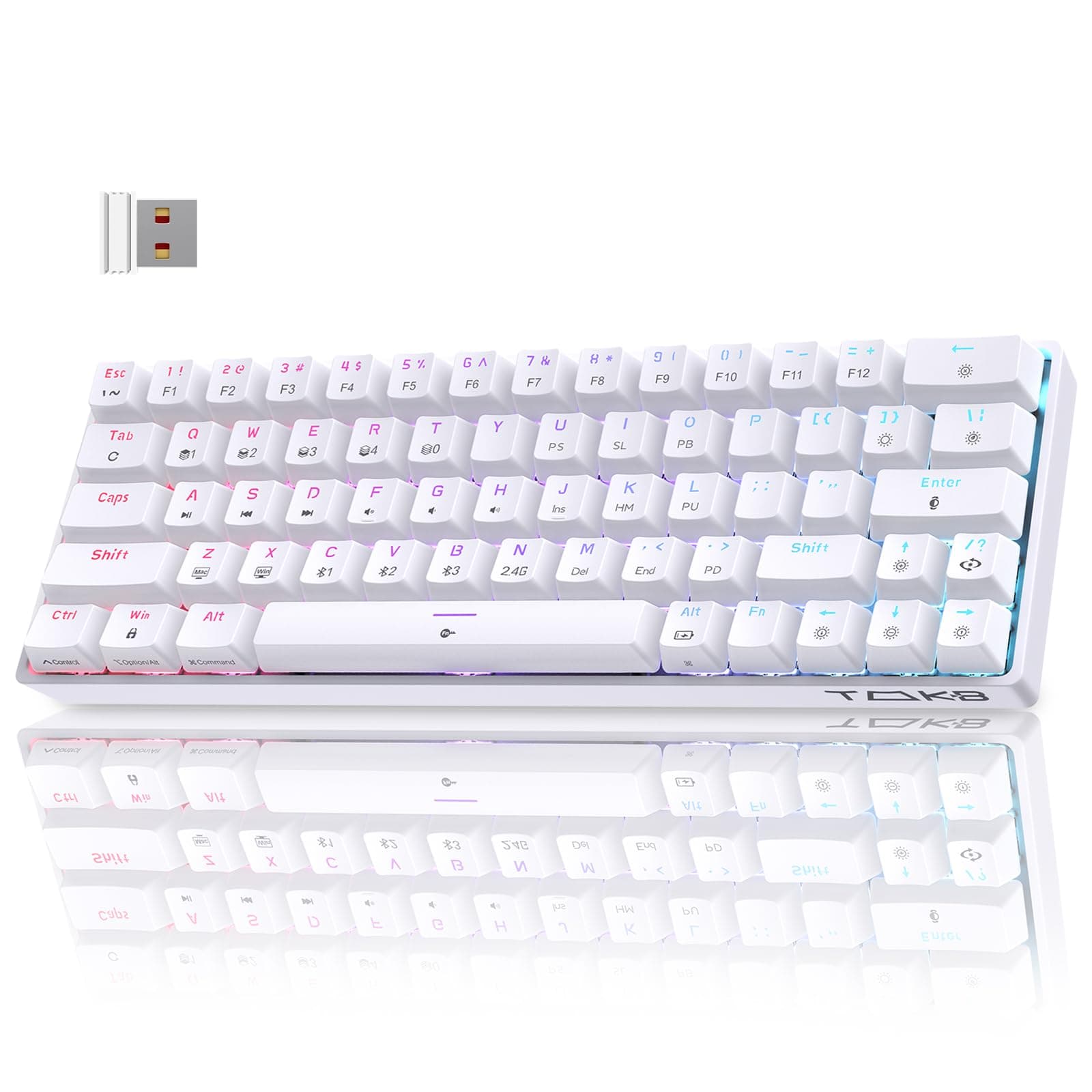 TMKB T63 Gaming Tastatur Mechanische Kabellos mit Blue Switch,Bluetooth / 2.4G / Mit Kabel,weiße Switch Bleu Weiß