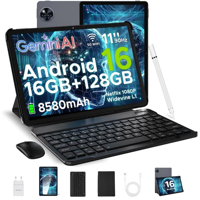 DOOGEE U11 Android 16 AI Tablet 11 Zoll, 16GB+128GB (2TB TF) Gaming Tablets, T7200 Octa Core, 8580mAh, Gemini AI, WiFi 5, 90Hz Display, 13MP+5MP,Tablet mit Tastatur, Maus, Stift,Hülle und Schutzfolie Gray(Android16)