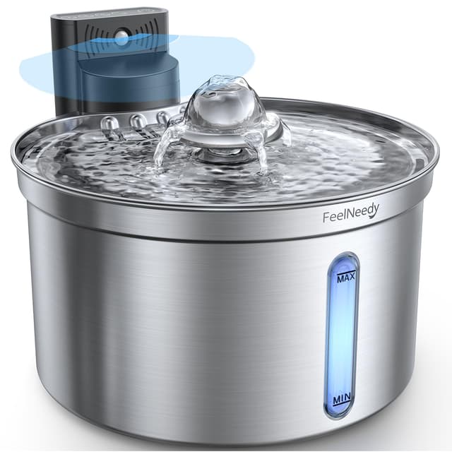 Katzenbrunnen Edelstahl Kabellos mit Sensor für Katzen und Hunde 3,5L|FEELNEEDY [FN-W19] Wasser-und Batterietrennung Trinkbrunnen mit Akku 4000mAh, 3 Betriebsmodi, 1 Aktivkohlefilter FN-W19 Katzenbrunnen+1 Filter