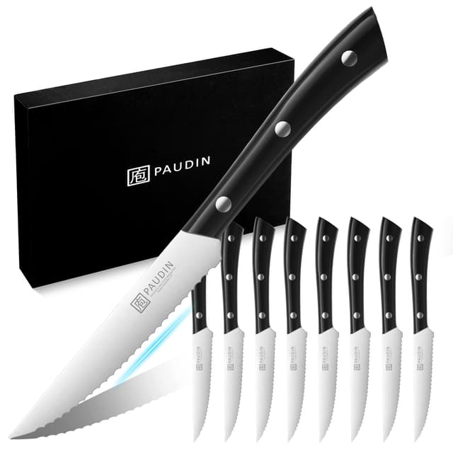 PAUDIN Steakmesser 8-teiliges Set hochwertiger deutscher Edelstahl Steak Messer Set ultrascharfe gezackte Klinge und ergonomischer Griff Tafelmesser mit Geschenkbox Steakmesser Set 8 Teilig