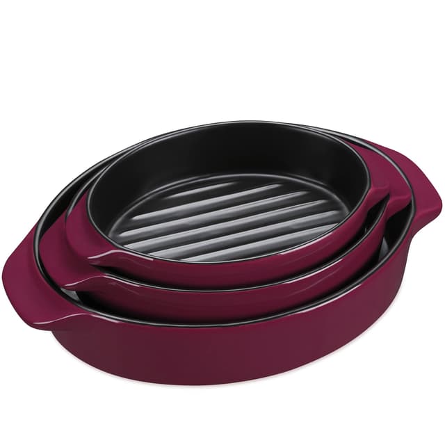 MALACASA, Serie Bake.Bake, 3 teilig Steingut Backform Brotbackform Set Kuchenform Teller Back Set Schale Auflaufform Suppenteller Ofenform in 3 Größe, Oval, Rot/Schwarz Rot/Schwarz 3-TLG. - 36/30/26,5 cm