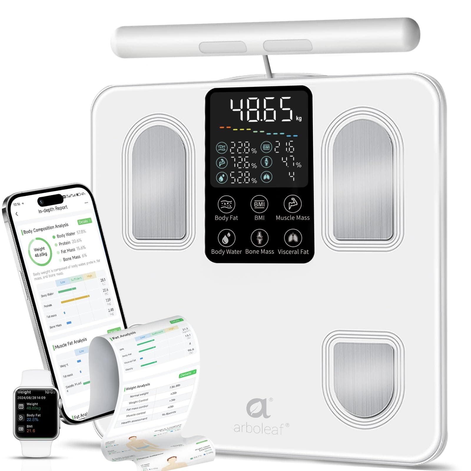 arboleaf Körperfettwaage Personenwaage digital, Körperanalysewaage mit Handsensoren & großes Display Waage mit Körperfett und Muskelmasse, Körperwaage 8-Elektroden mit App 27 Körpermaße Weiss 8